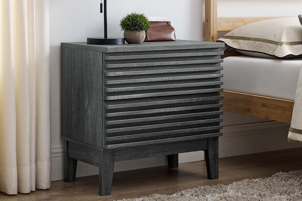 Comodino a 2 cassetti con laminato venato color carbone, stile metà secolo