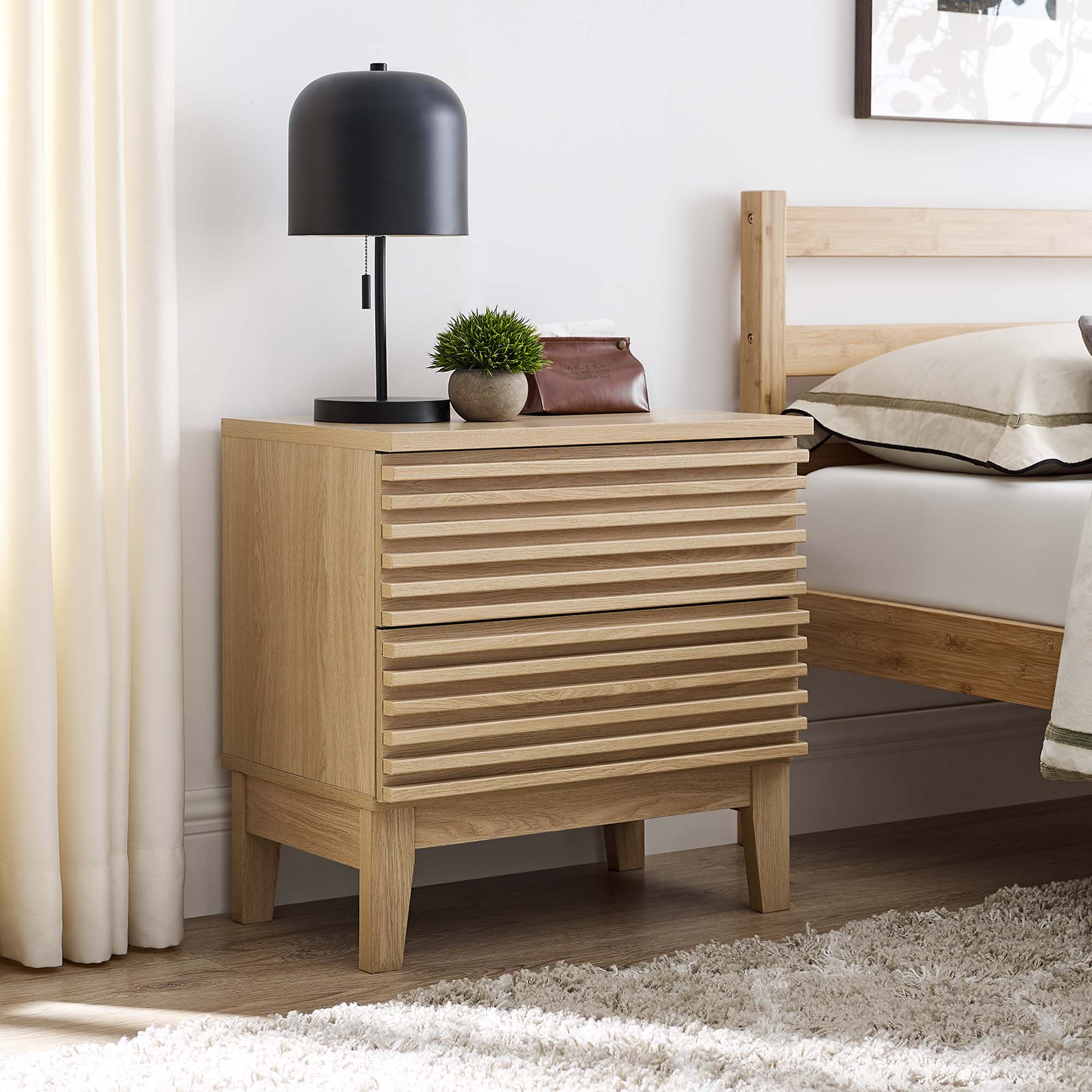 Comodino a 2 cassetti con laminato venato color carbone, stile metà secolo