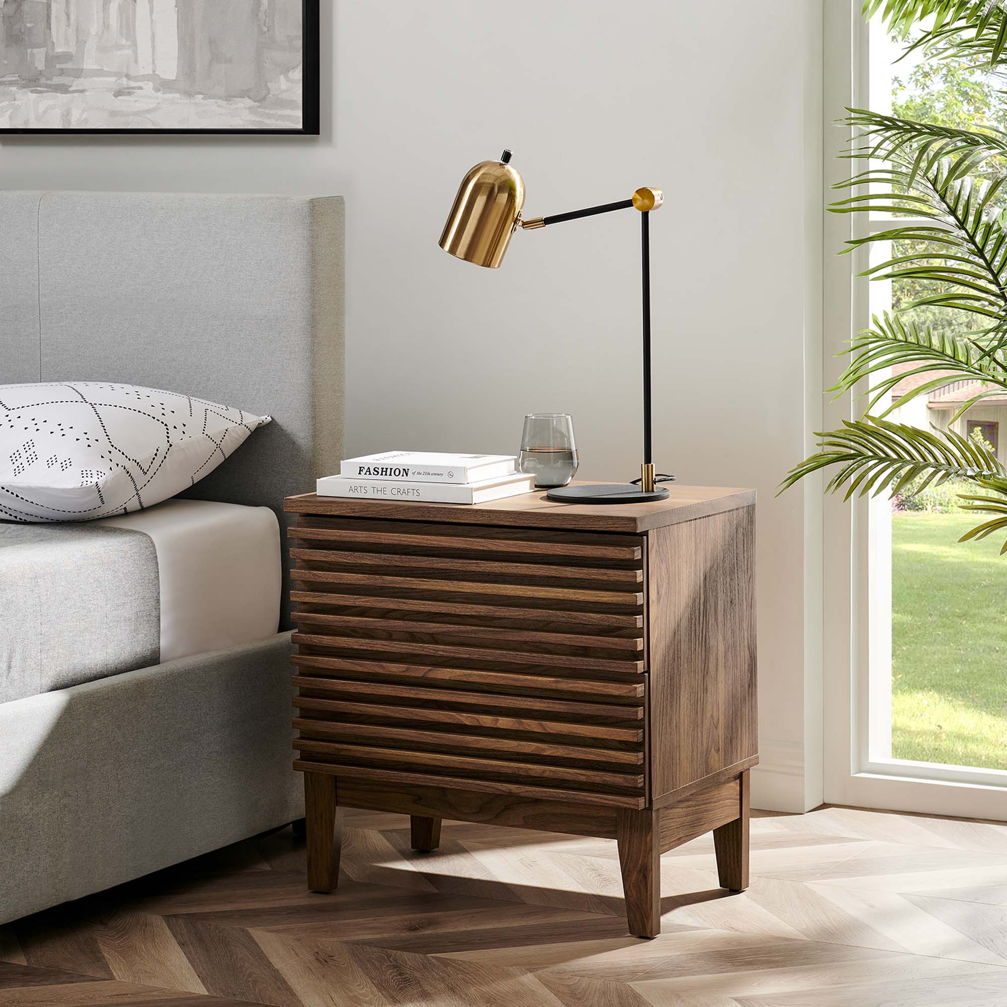 Comodino a 2 cassetti con laminato venato color carbone, stile metà secolo