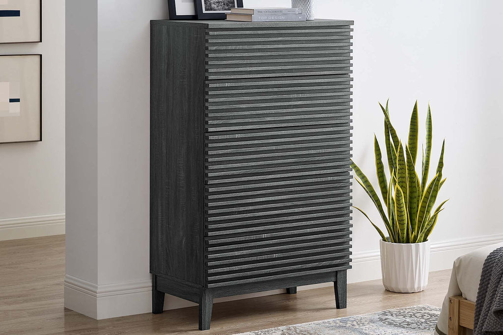 Cassettiera a 5 cassetti Mid-Century laminata con venature del legno color antracite