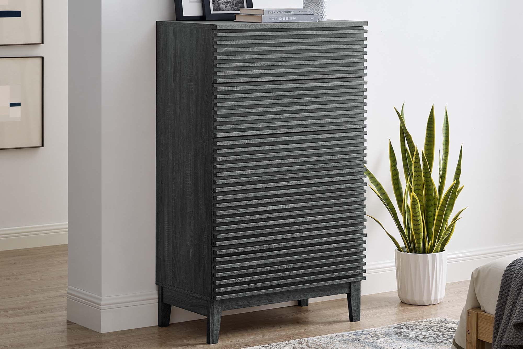 Cassettiera a 5 cassetti Mid-Century laminata con venature del legno color antracite