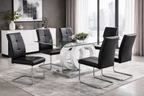 Tavolo da pranzo con piano in vetro, base a piedistallo in MDF bianca e cromo, 180 cm