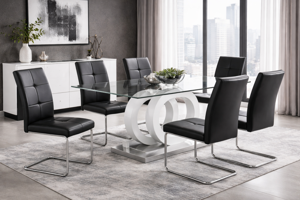 Tavolo da pranzo con piano in vetro, base a piedistallo in MDF bianca e cromo, 180 cm