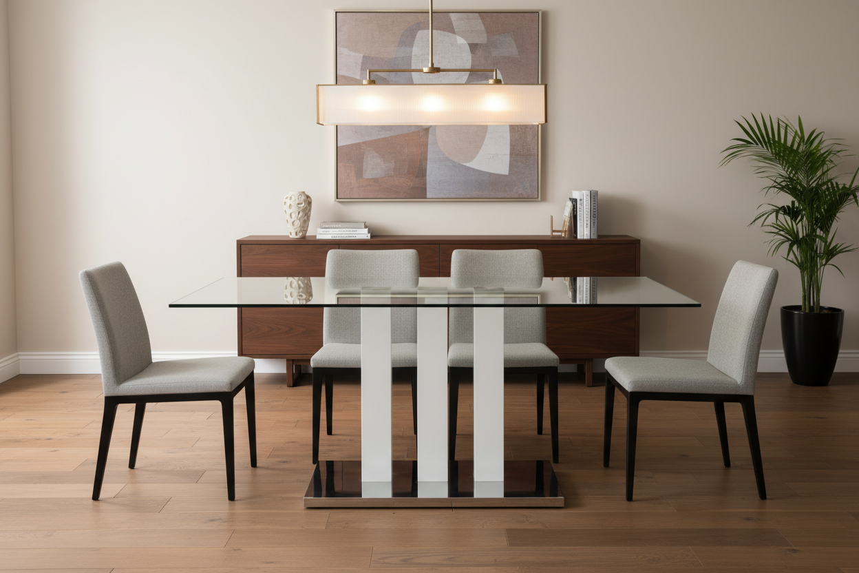 Tavolo da pranzo con piano in vetro, base laccata bianca e cromata