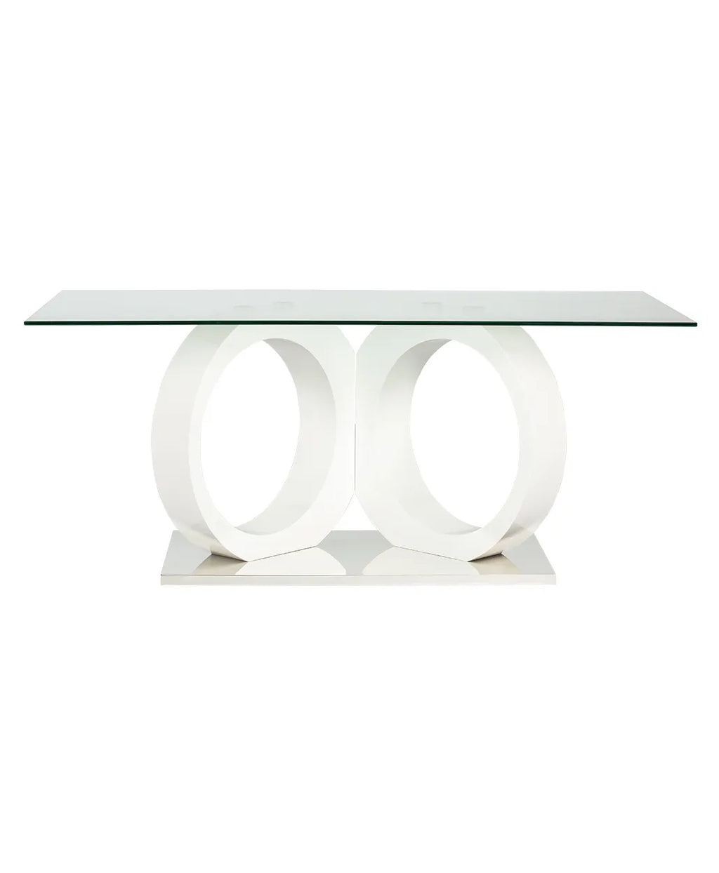 Tavolo da pranzo con piano in vetro, basamento a colonna in MDF bianco, base cromata