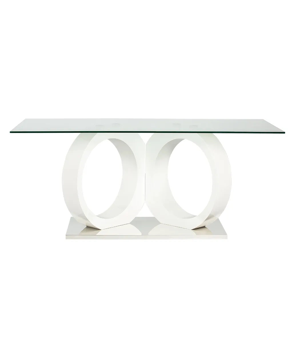 Tavolo da pranzo con piano in vetro, basamento a colonna in MDF bianco, base cromata