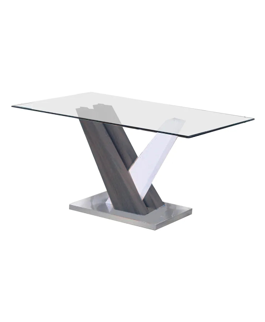 Tavolo da pranzo con piano in vetro e base a piedistallo in MDF bianco e grigio, dettagli cromati, 160 cm