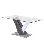Tavolo da pranzo con piano in vetro e base a piedistallo in MDF bianco e grigio, dettagli cromati, 160 cm