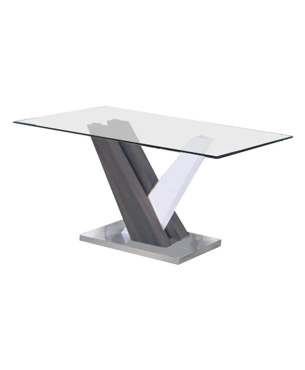 Tavolo da pranzo con piano in vetro e base a piedistallo in MDF bianco e grigio, dettagli cromati, 160 cm