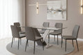 Tavolo da pranzo con piano in vetro e base a piedistallo in MDF bianco e grigio, dettagli cromati, 160 cm