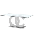 Tavolo da pranzo con piano in vetro, base a piedistallo in MDF bianca e cromo, 180 cm