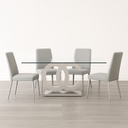 Tavolo da pranzo con piano in vetro, base a piedistallo in MDF bianca e cromo, 180 cm