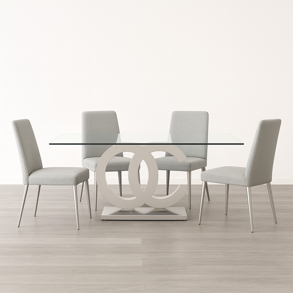 Tavolo da pranzo rotondo effetto marmo con piedistallo cromato per quattro persone