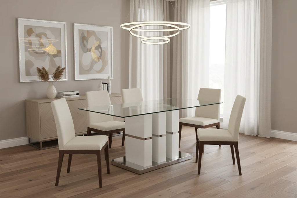 Tavolo da pranzo con piano in vetro, base a piedistallo in MDF bianco lucido e cromato