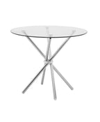 Tavolo da pranzo rotondo con piano in vetro e piedistallo geometrico cromato