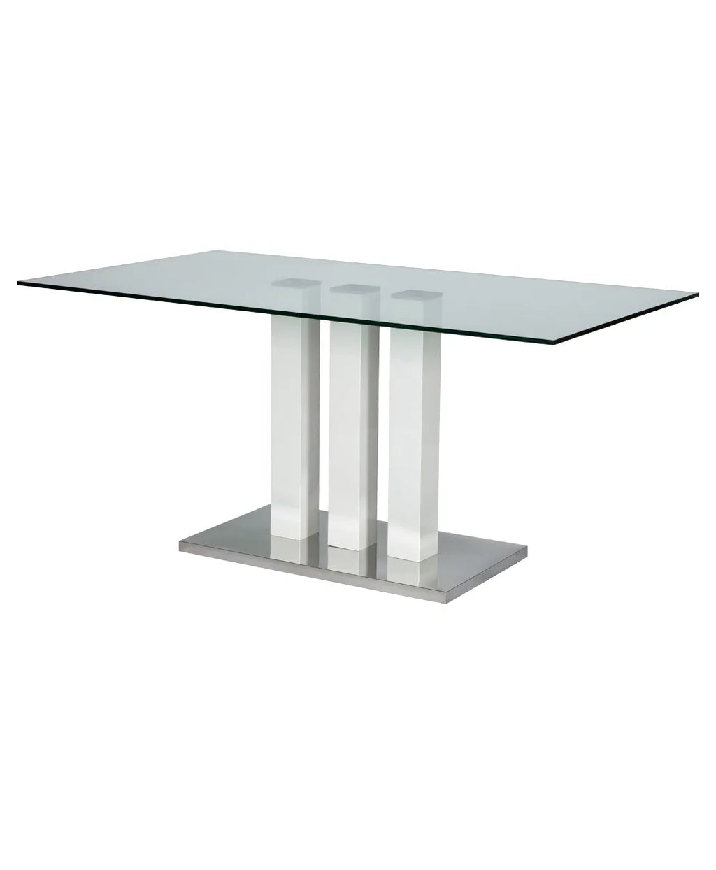 Tavolo da pranzo con piano in vetro, base laccata bianca e cromata