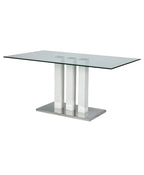 Tavolo da pranzo con piano in vetro, base laccata bianca e cromata