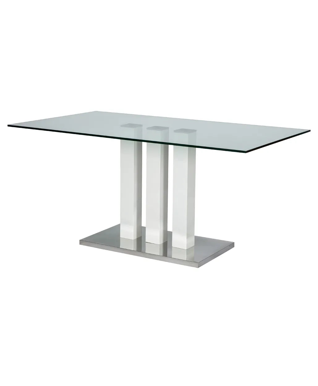 Tavolo da pranzo con piano in vetro, base laccata bianca e cromata